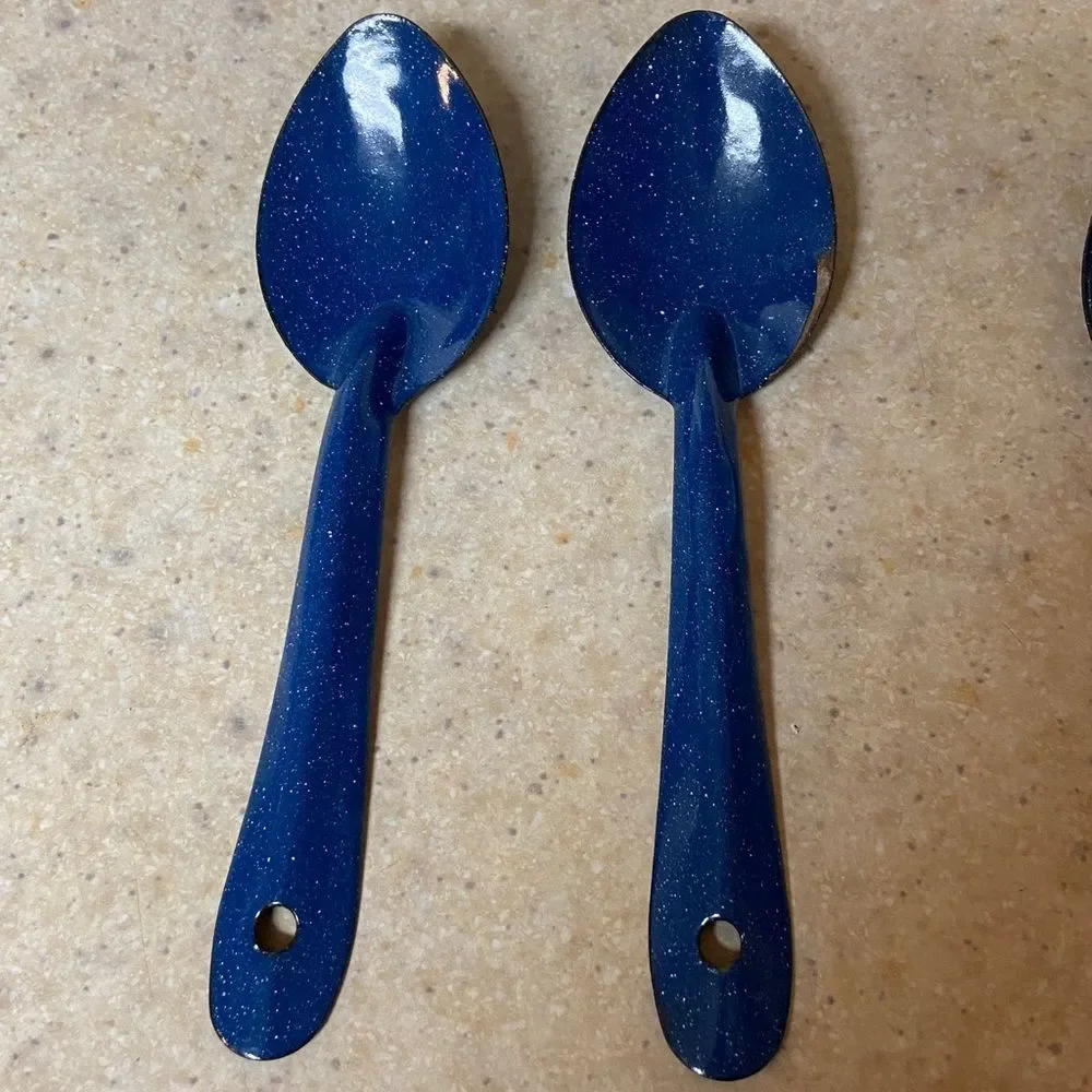 VTG, Enamel Deep Blue And White Speckled Granitewear Metal Serving Spoon Set 4